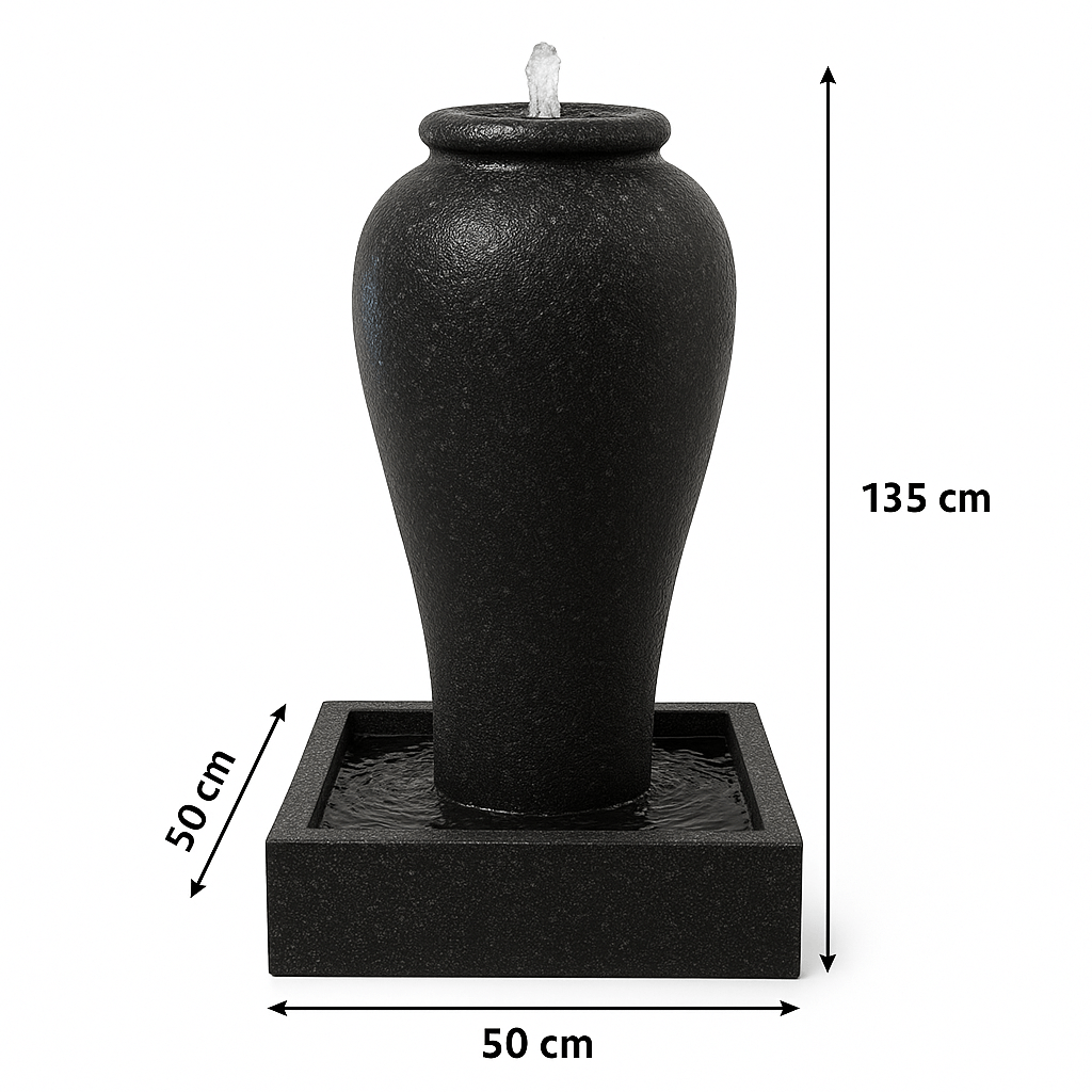 Fontaine noire de taille moyenne de l'Ensemble Socle Noir Moderne, mesurant 135x50x50 cm, idéale pour un jardin contemporain.