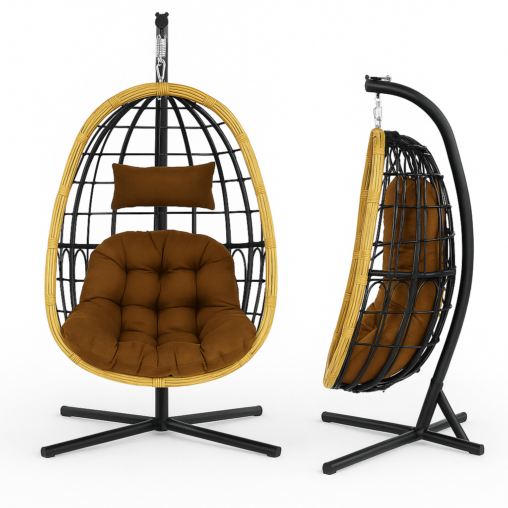 Vue avant et latérale du Fauteuil Suspendu Cocon chocolat, structure en métal noir et assise enveloppante pour confort extérieur.