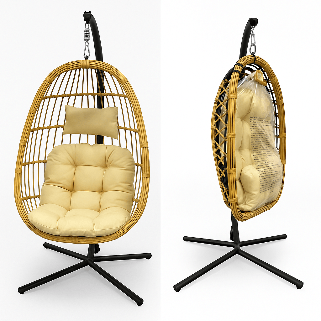Fauteuil Suspendu Cocon beige présenté de face et emballé de côté, prêt à l’installation pour un espace détente extérieur ou intérieur.