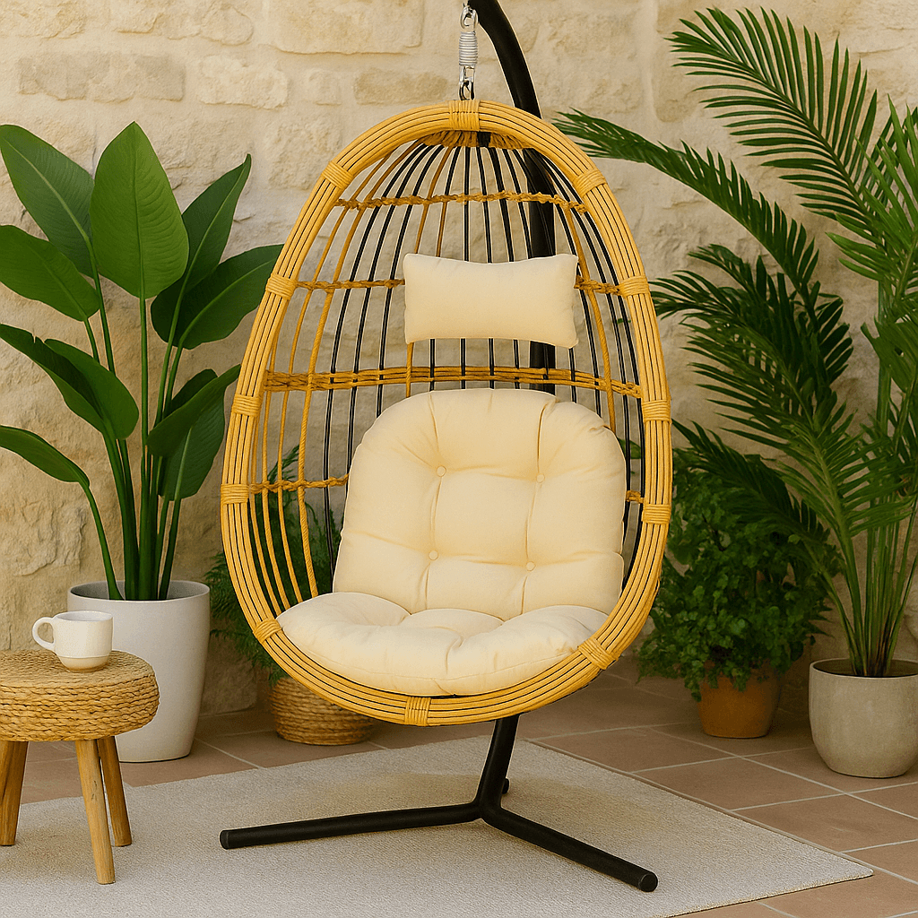 Fauteuil Suspendu Cocon beige installé sur une terrasse avec plantes vertes, parfait pour créer un coin détente extérieur élégant.