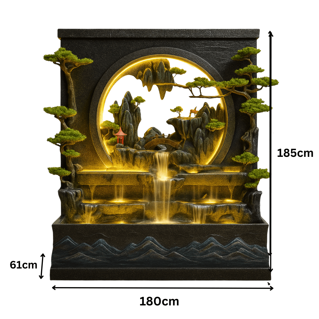 Fontaine Asiatique Shanghai avec dimensions 180×61×185 cm, éclairage LED et design sculptural, parfaite pour grands espaces extérieurs.