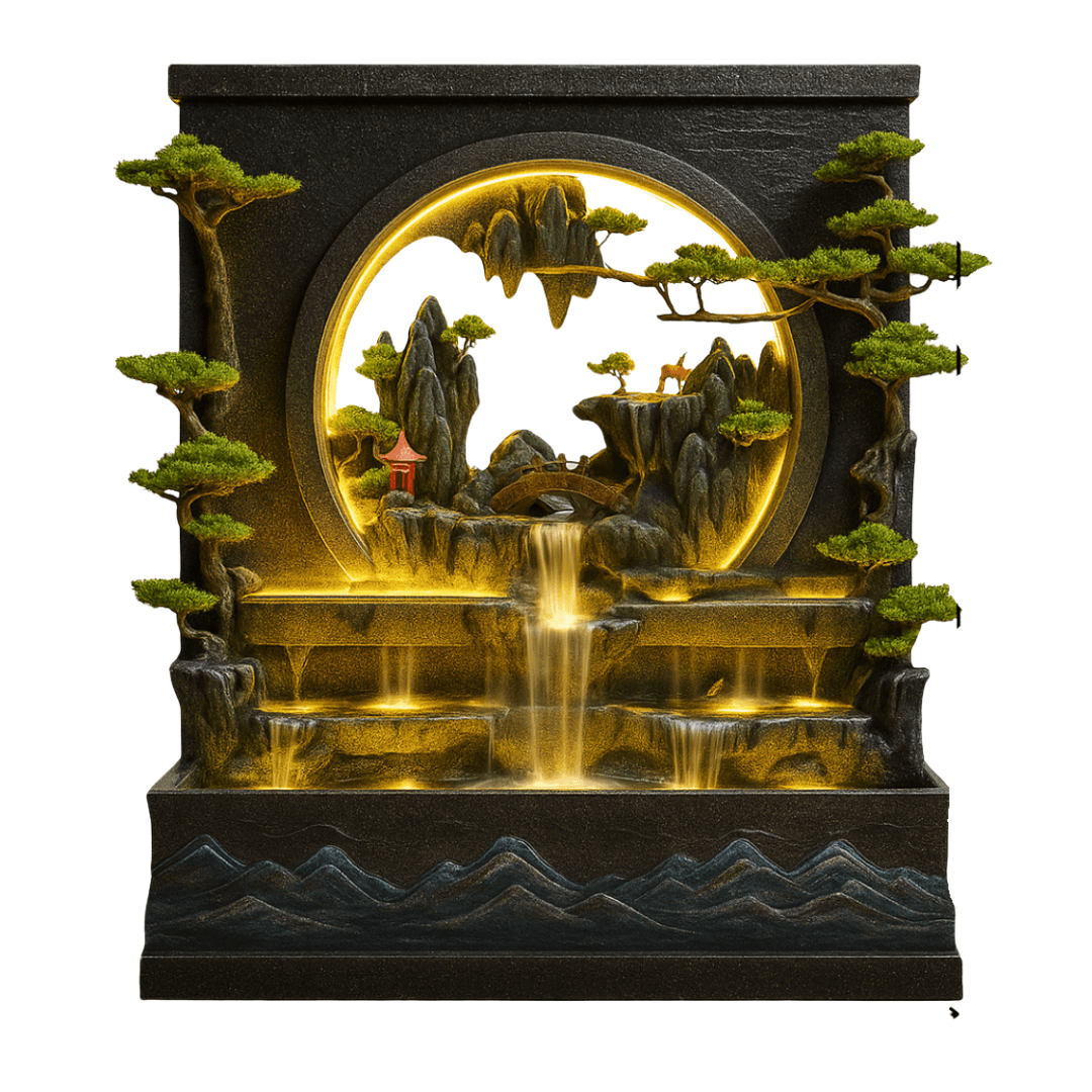 Fontaine Asiatique Shanghai décorative avec éclairage LED, cascade en plusieurs niveaux et arbres miniatures, idéale pour jardin ou terrasse.
