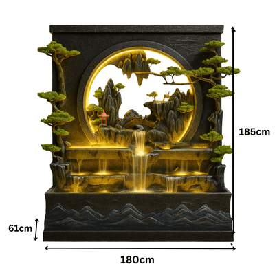 Fontaine Asiatique Shanghai avec dimensions 180×61×185 cm, éclairage LED et design sculptural, parfaite pour grands espaces extérieurs.
