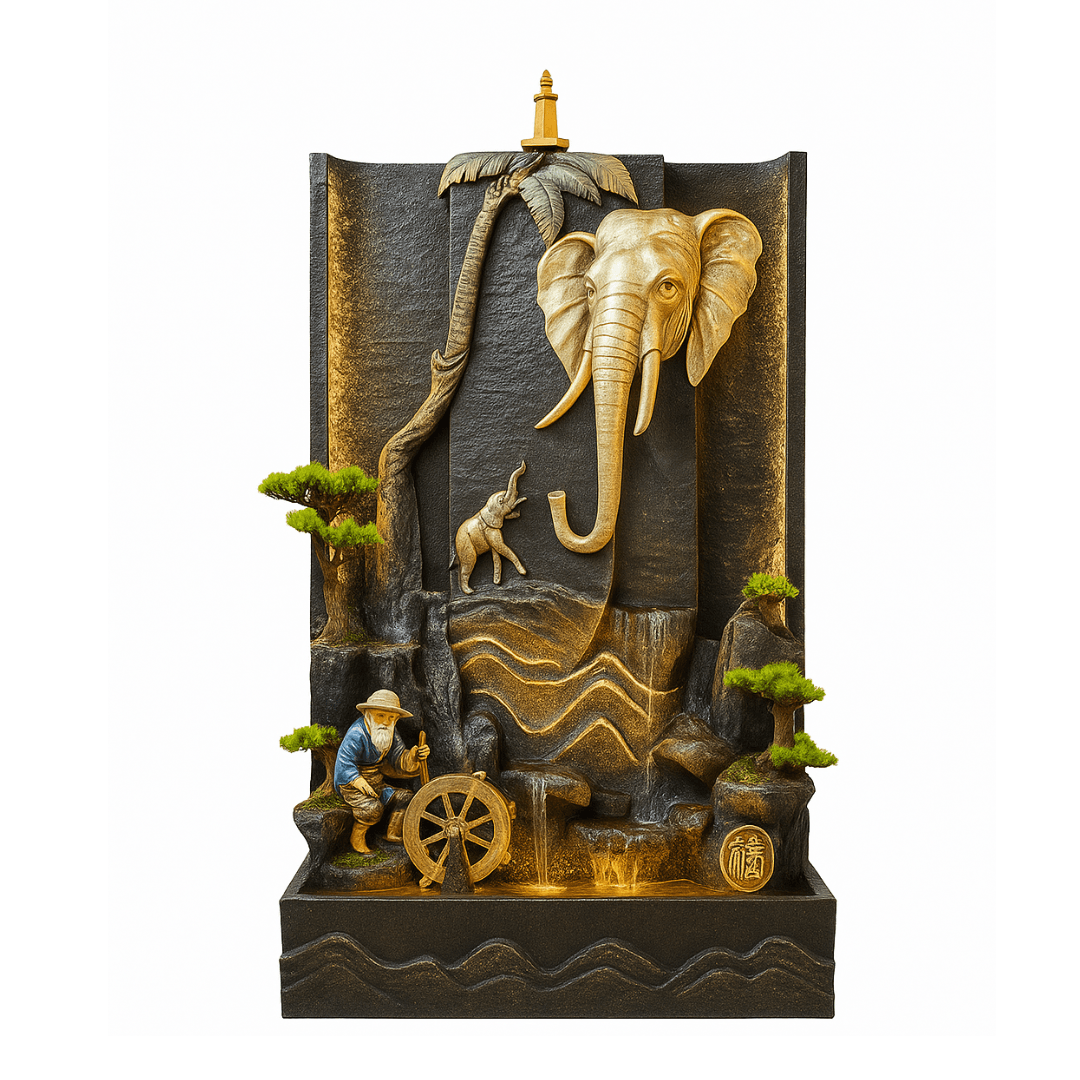 Fontaine Asiatique Harbin décorative avec éléphant doré, scène sculptée et éclairage LED, idéale pour l’extérieur zen et apaisant.