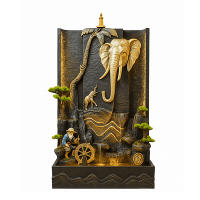 Fontaine Asiatique Harbin décorative avec éléphant doré, scène sculptée et éclairage LED, idéale pour l’extérieur zen et apaisant.