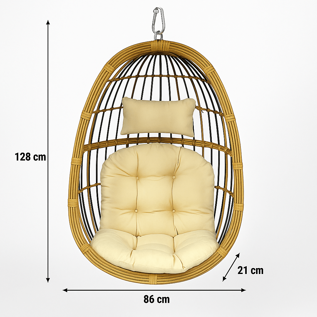 Dimensions du Fauteuil Suspendu Cocon beige : 86×128×21 cm, idéal pour un confort optimal en extérieur ou intérieur.
