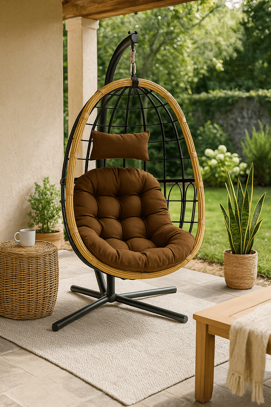 Fauteuil Suspendu Cocon avec coussin chocolat sur terrasse couverte, design cocon pour un espace de repos chaleureux en extérieur.