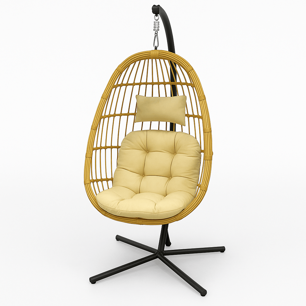 Fauteuil Suspendu Cocon beige suspendu sur pied noir, design moderne et coussin douillet pour espace détente extérieur.