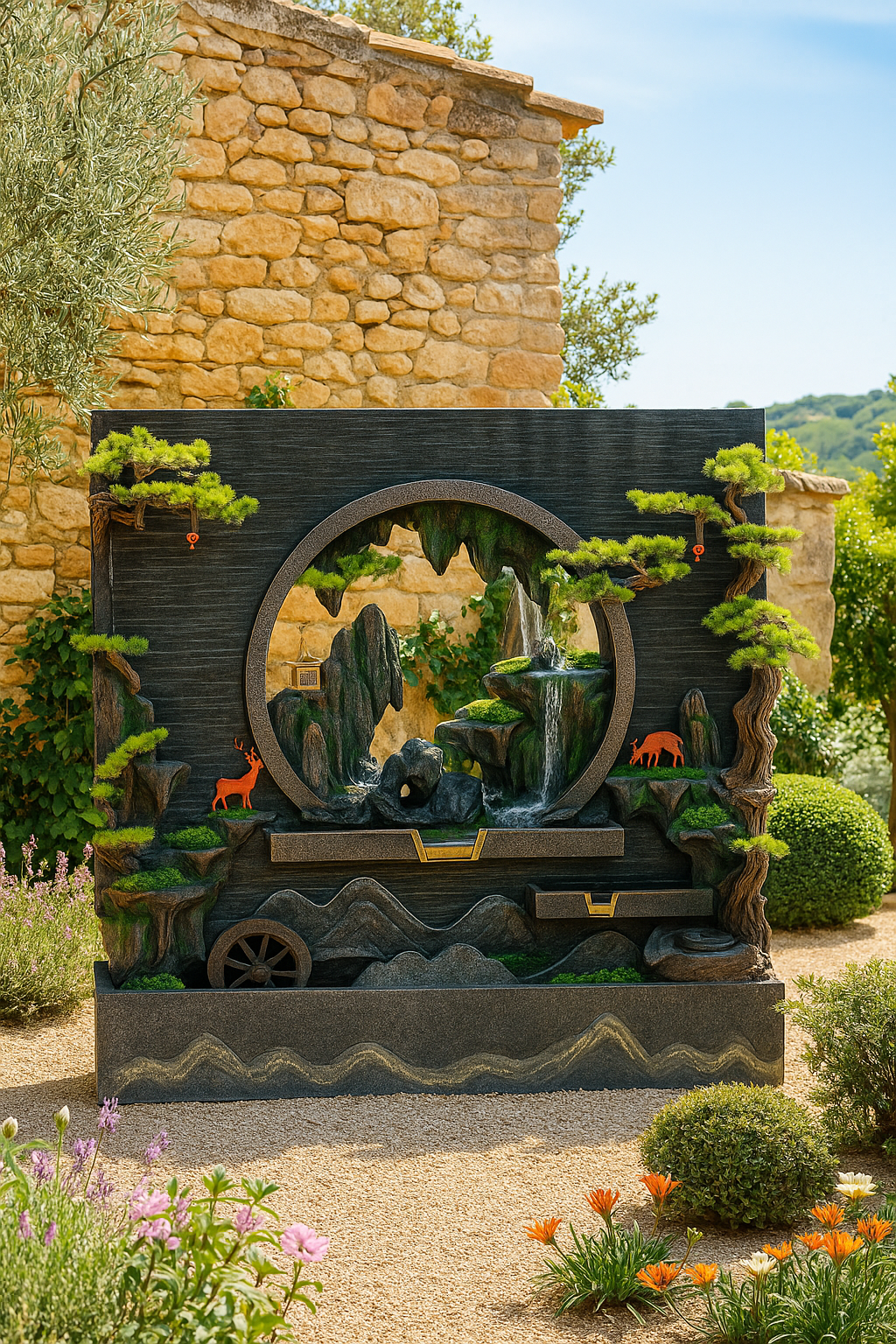 Fontaine Asiatique Canton installée dans un jardin méditerranéen, intégrant des éléments naturels et un décor asiatique pour une atmosphère paisible.