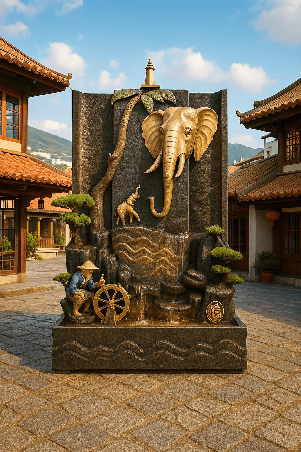 Fontaine Asiatique Harbin installée dans une cour traditionnelle, parfaite pour créer une ambiance relaxante dans un jardin asiatique.
