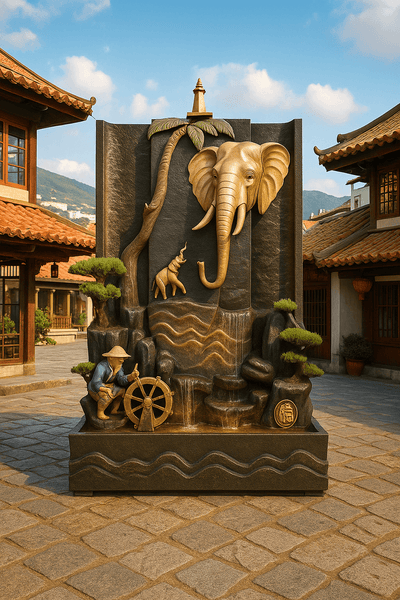 Fontaine Asiatique Harbin installée dans une cour traditionnelle, parfaite pour créer une ambiance relaxante dans un jardin asiatique.