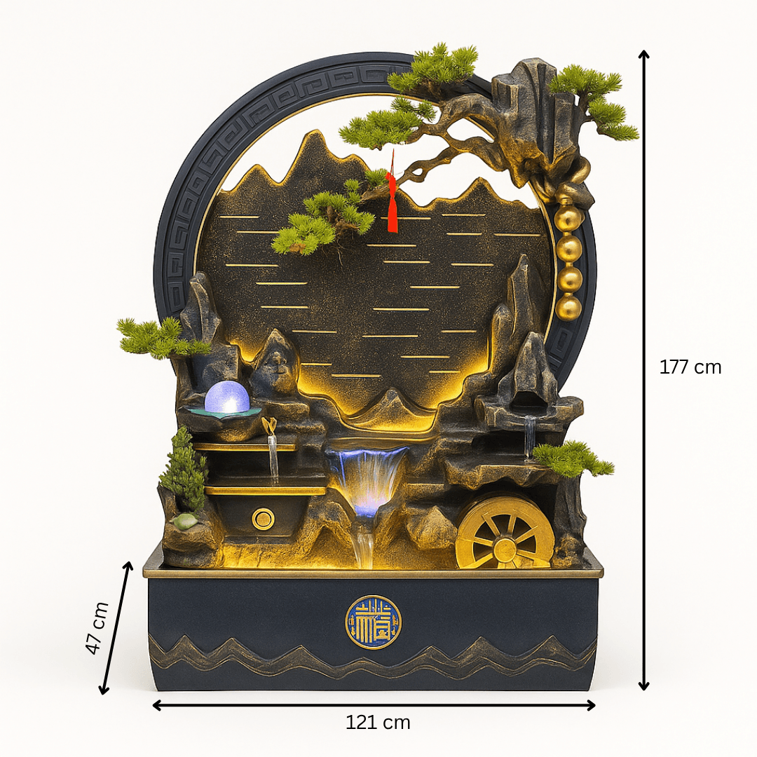 Fontaine Asiatique Canton avec dimensions 121×47×177 cm, design sculptural et cascade lumineuse, parfaite pour terrasse ou jardin zen.