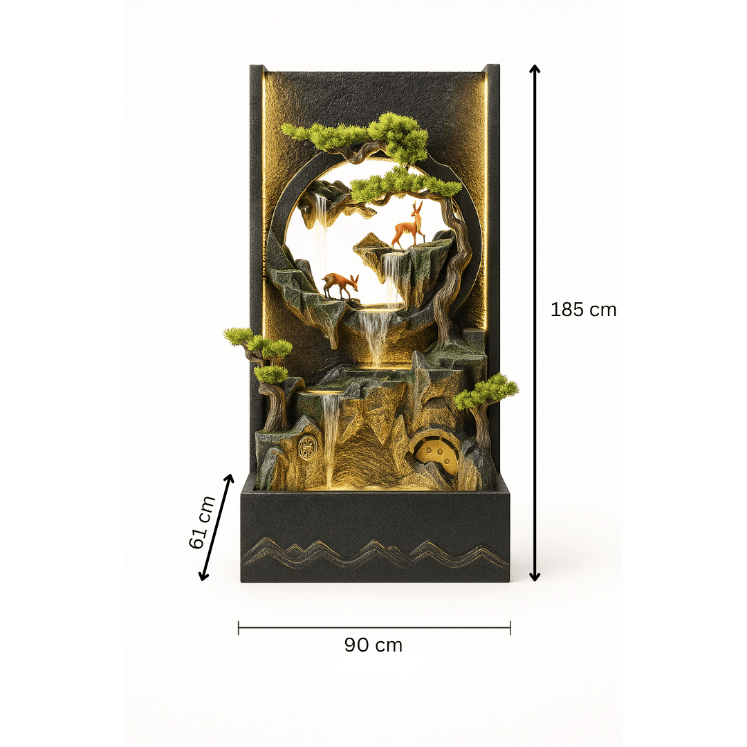 Fontaine Asiatique Dongguan avec dimensions 90×61×185 cm, design sculptural et cascade lumineuse, parfaite pour la décoration de jardin zen.