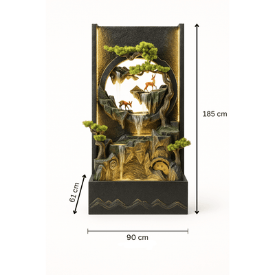 Fontaine Asiatique Dongguan avec dimensions 90×61×185 cm, design sculptural et cascade lumineuse, parfaite pour la décoration de jardin zen.
