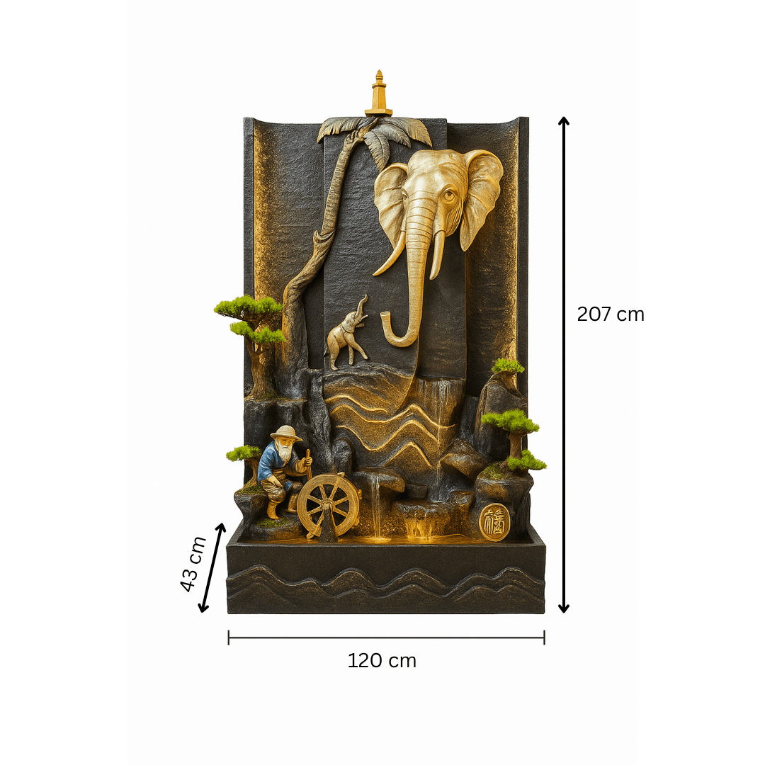 Fontaine Asiatique Harbin avec dimensions 120×43×207 cm, ornée d’un éléphant doré et d’un décor naturel, pour extérieur élégant et paisible.