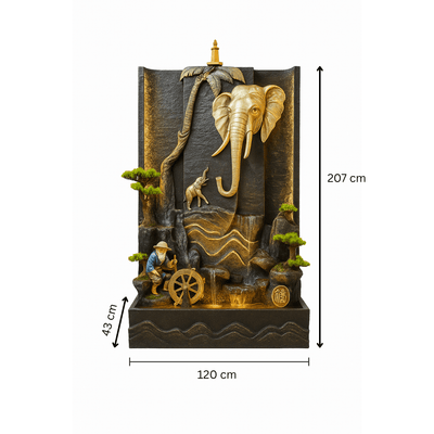 Fontaine Asiatique Harbin avec dimensions 120×43×207 cm, ornée d’un éléphant doré et d’un décor naturel, pour extérieur élégant et paisible.