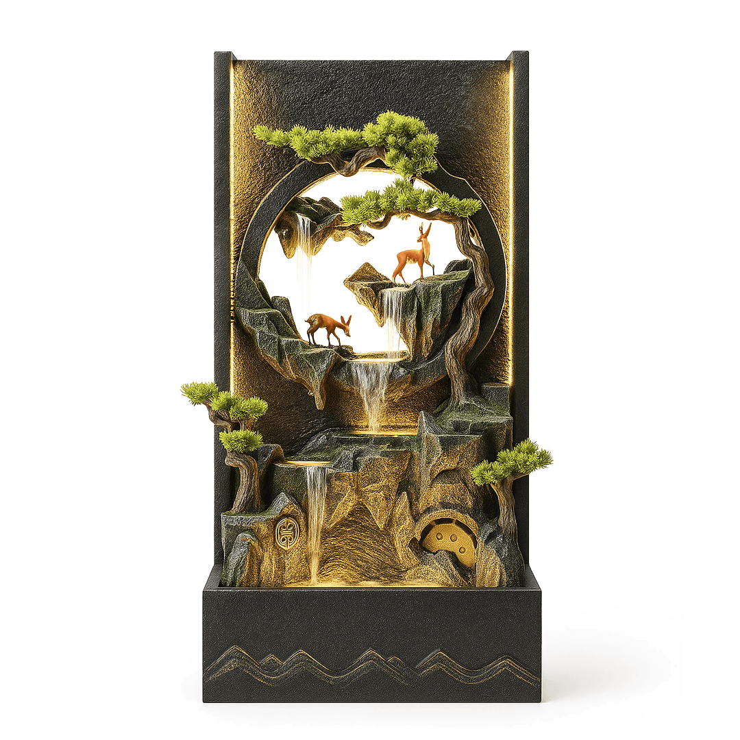 Fontaine Asiatique Dongguan décorative pour extérieur avec cerfs, cascade et arbres miniatures, inspirée des temples anciens, ambiance zen.