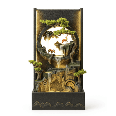 Fontaine Asiatique Dongguan décorative pour extérieur avec cerfs, cascade et arbres miniatures, inspirée des temples anciens, ambiance zen.