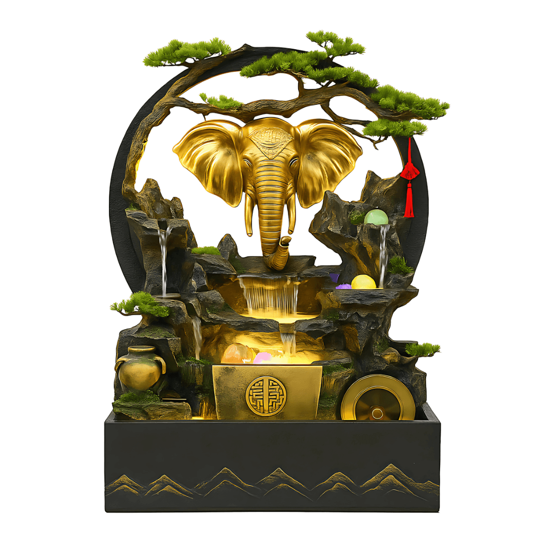 Fontaine Asiatique Wuhan décorative avec tête d’éléphant dorée, cascade d’eau et éclairage LED, idéale pour jardin ou terrasse zen.
