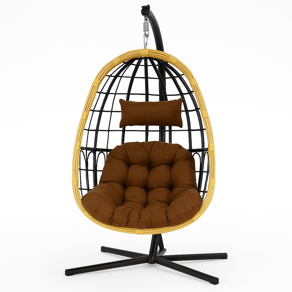Fauteuil Suspendu Cocon chocolat avec structure noire et coussin épais, parfait pour un coin lecture ou repos en extérieur.