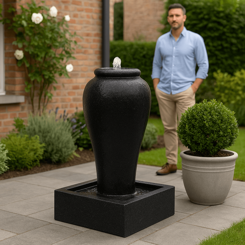 Fontaine noire de l'Ensemble Socle Noir Moderne installée sur une terrasse, apportant une touche contemporaine à l'aménagement extérieur.