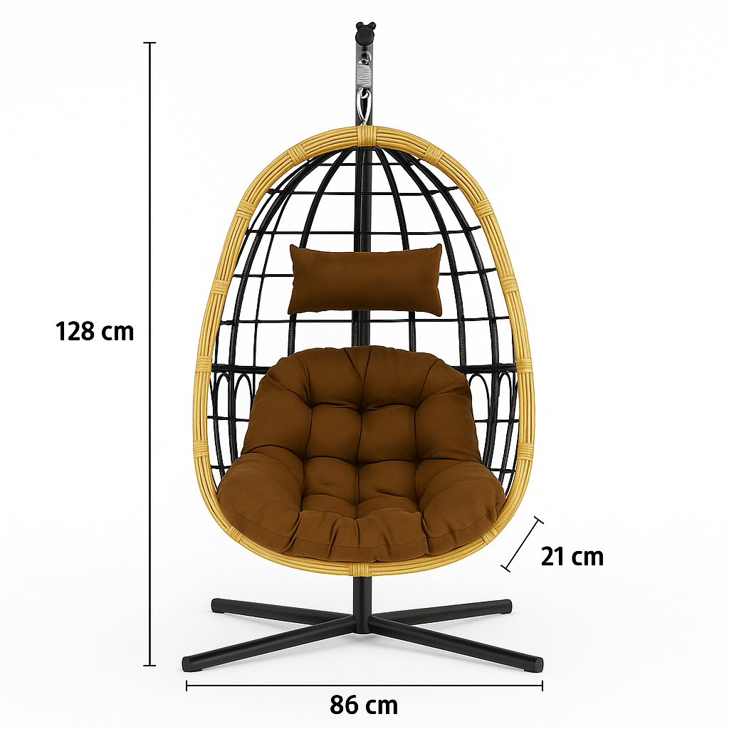 Dimensions du Fauteuil Suspendu Cocon chocolat : 86×128×21 cm, structure noire robuste et coussin épais pour un confort total.